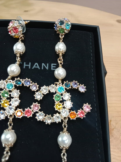 Chanel Rainbow Crystal CC Drop Earrings
