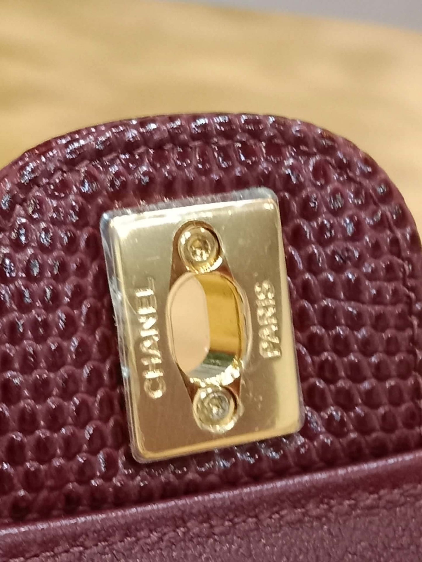 Chanel Tophandle Lizard Embossed Calfskin Clutch Dar Burgundy Microchipped