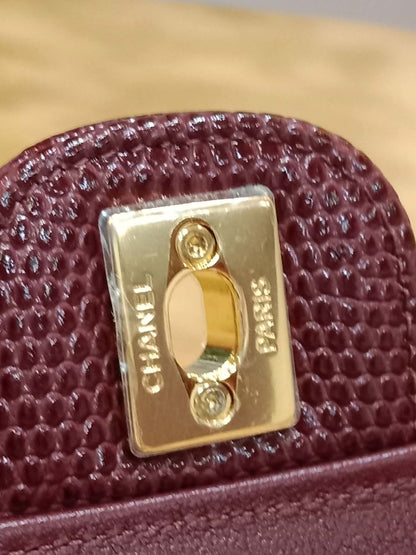 Chanel Tophandle Lizard Embossed Calfskin Clutch Dar Burgundy Microchipped
