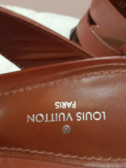 Louis Vuitton Horizon Block Heels Slide Sandals Monogram Leather Brown Size 36