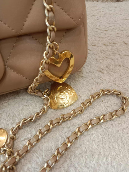 Chanel Seasonal Flap Heart Charms Beige Microchipped