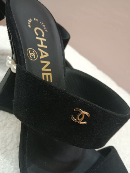 Chanel Pearl Heel Mules Black Suede with Pearl Embedded Heels Size 36
