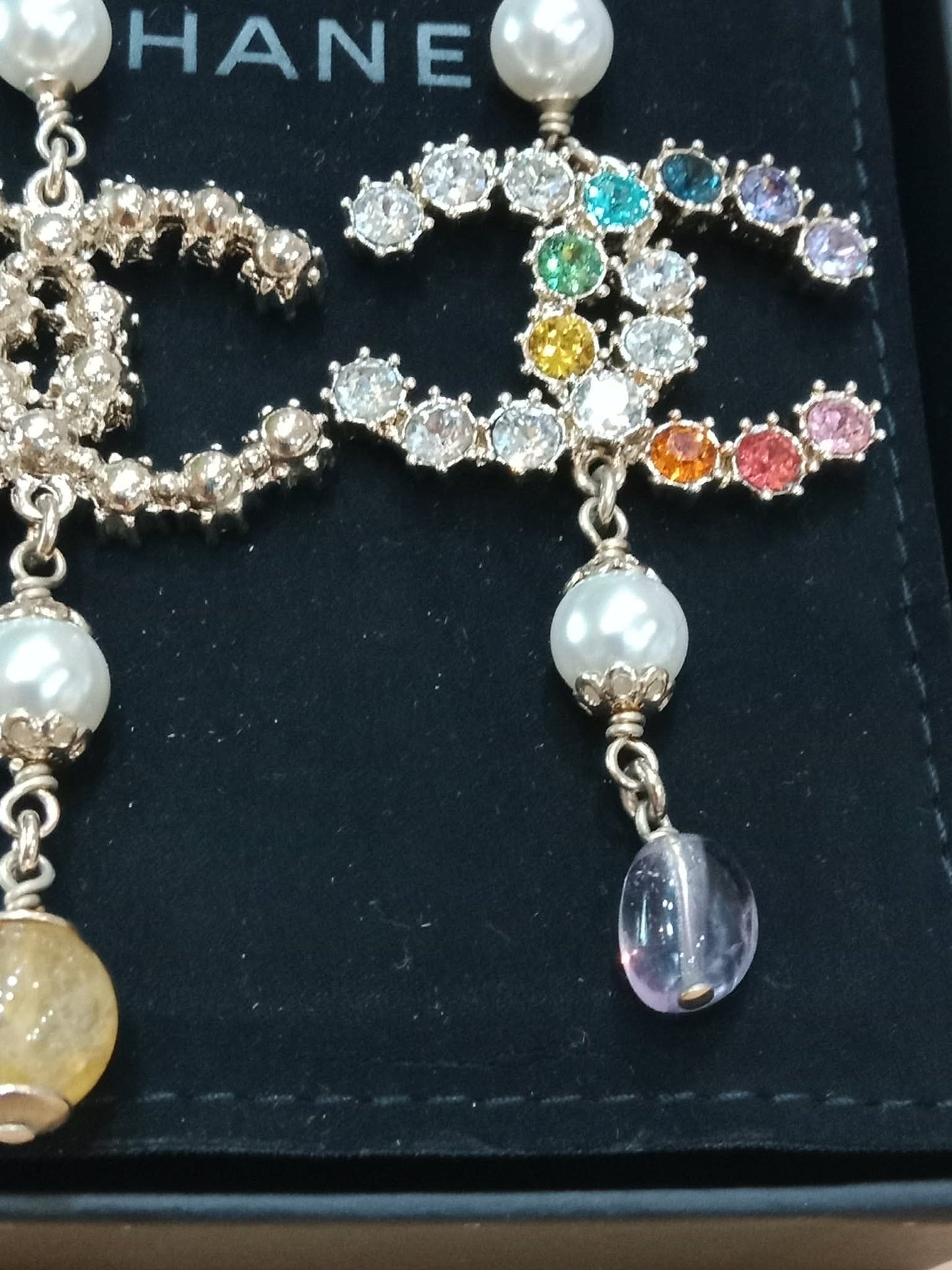Chanel Rainbow Crystal CC Drop Earrings
