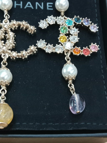 Chanel Rainbow Crystal CC Drop Earrings