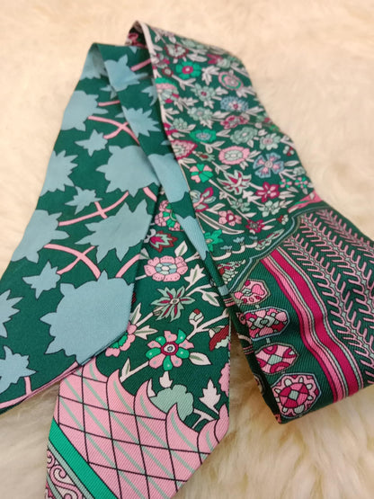 Hermes Tapis Persans Silk Twilly Scarf Featuring an Intricate Floral Pattern in Teal Green/Blue/Pink