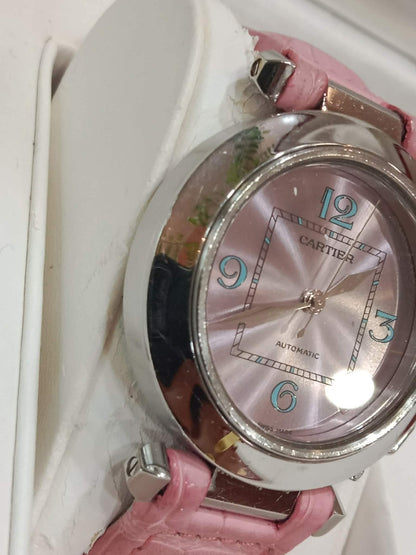 Cartier Pasha C Pink Blue Limited Edition Watch 35mm Stainless Steel Case Pink Alligator Leather Strap