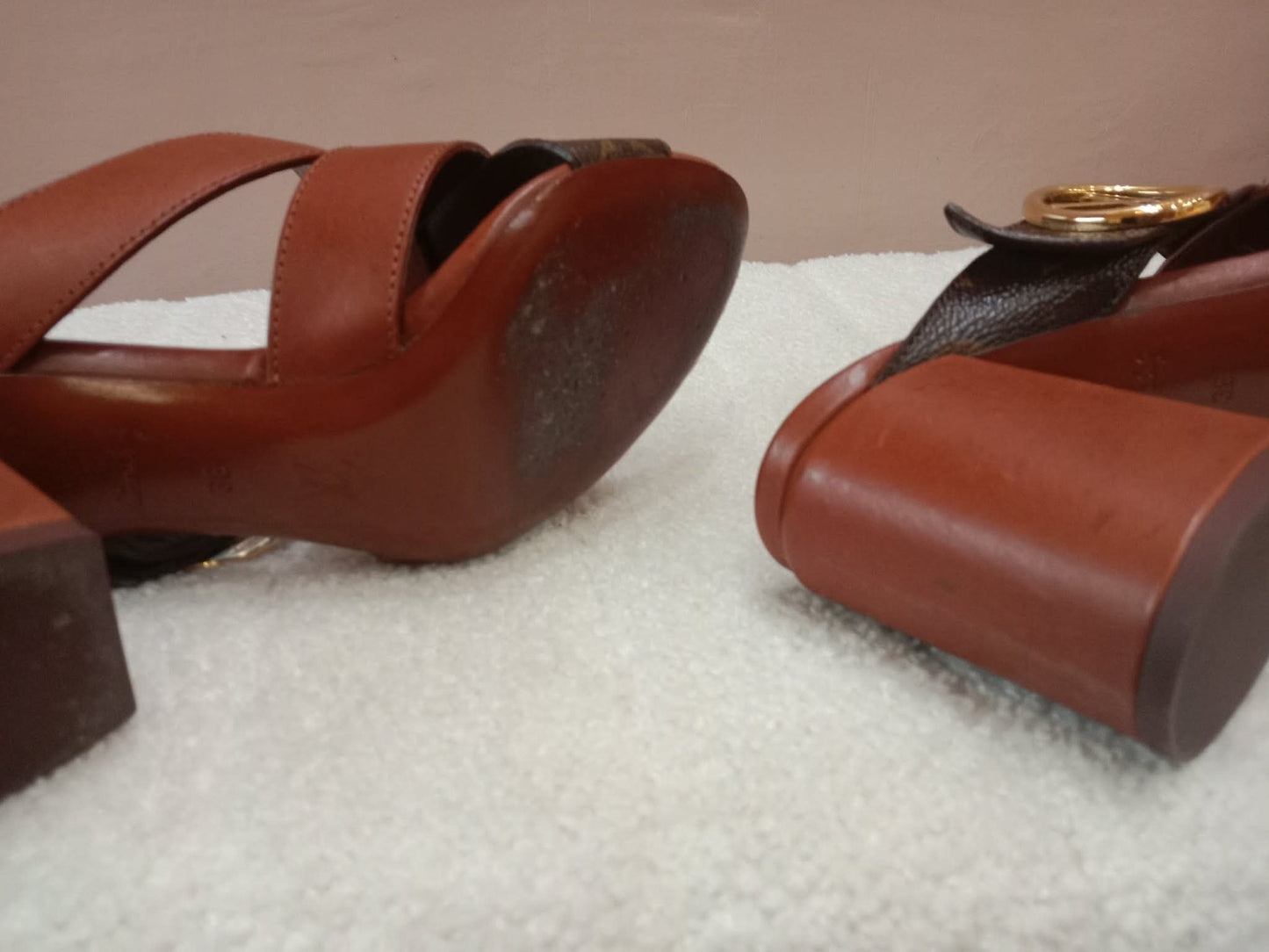 Louis Vuitton Horizon Block Heels Slide Sandals Monogram Leather Brown Size 36