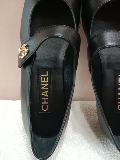 Chanel Mary Jane CC Clasp Flats Black Size 36.5