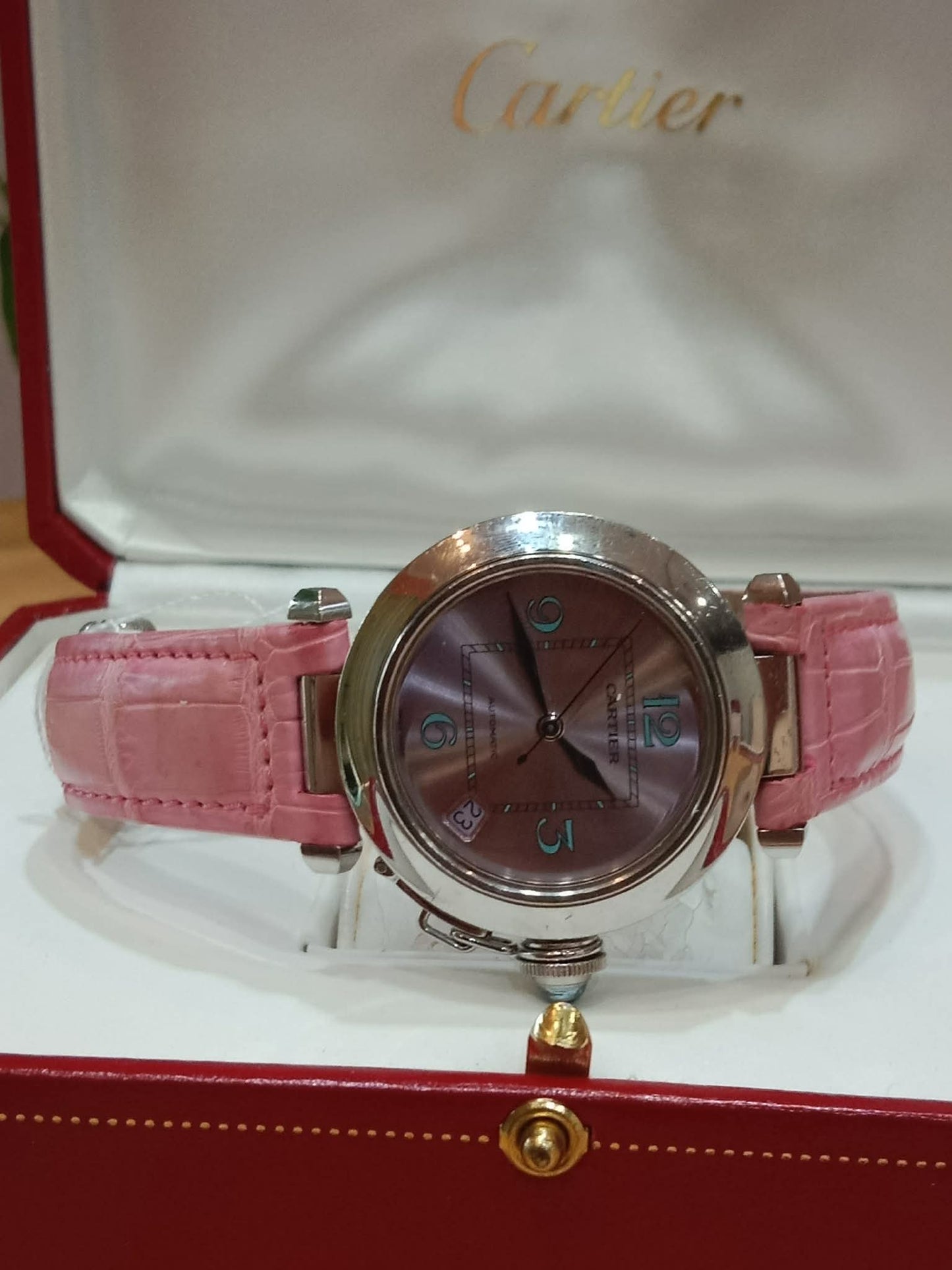 Cartier Pasha C Pink Blue Limited Edition Watch 35mm Stainless Steel Case Pink Alligator Leather Strap