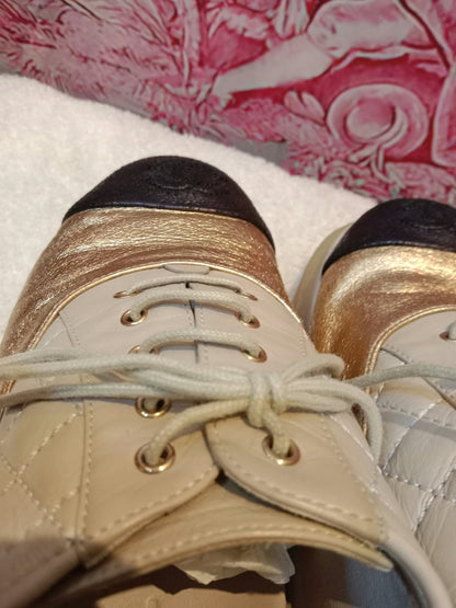 Chanel Interlocking CC Logo Metallic Gold/Beige Lace-up Sneakers with Black Cap Toe Size 35