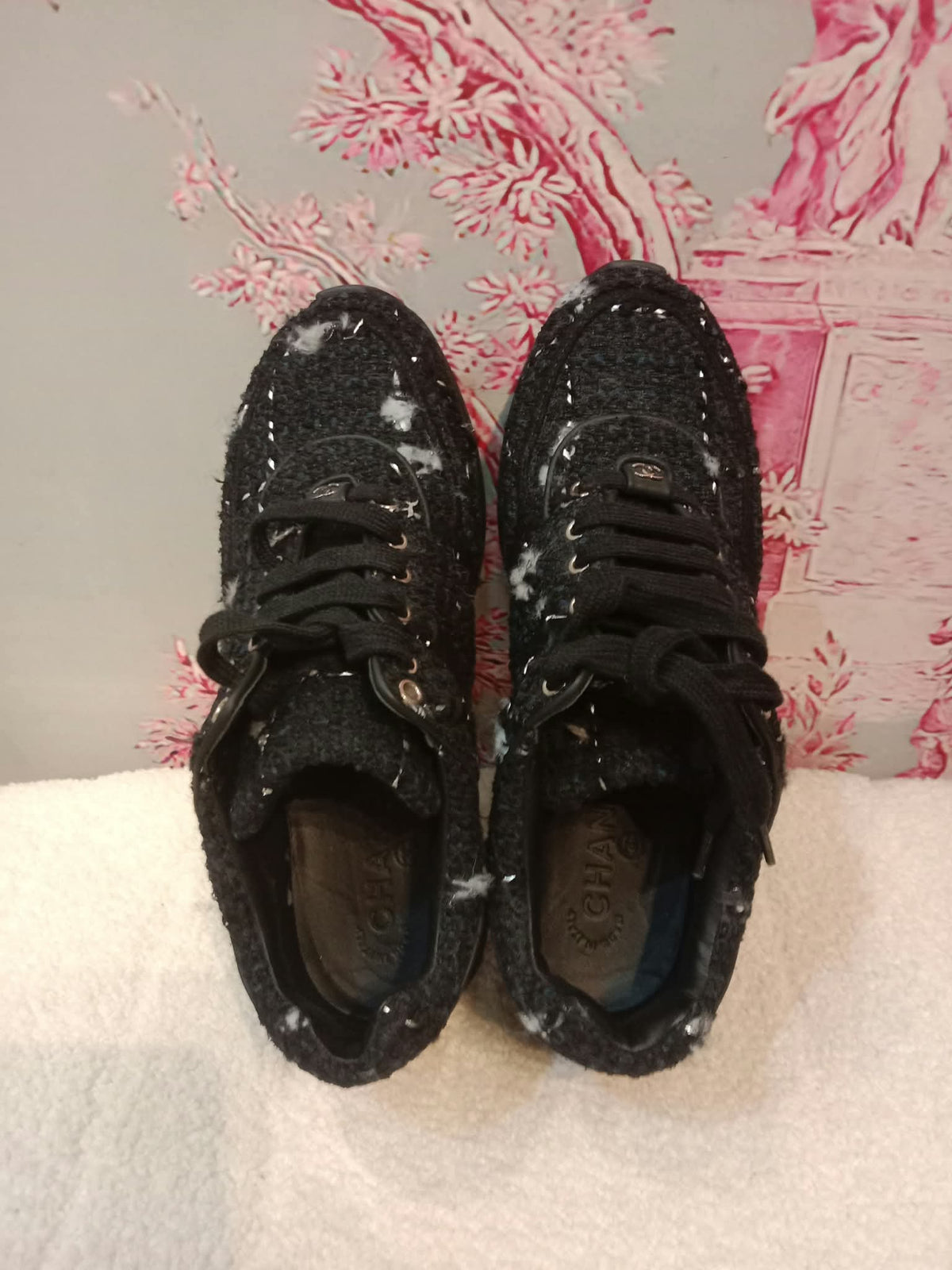 Chanel Tweed Sneakers Silver CC Logo 39 1/2