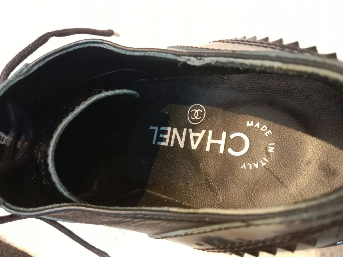 Chanel Black Patent Calfskin CC Brogue Lace-Up Oxford Size 38
