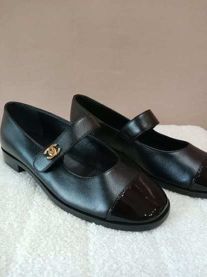 Chanel Mary Jane CC Clasp Flats Black Size 36.5