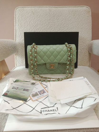 Chanel 24C Timeless Classic Double Flap Caviar Green Caviar Microchipped
