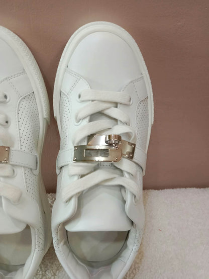 Hermes Day White Kelly Sneakers Rose Gold Buckle Size 35