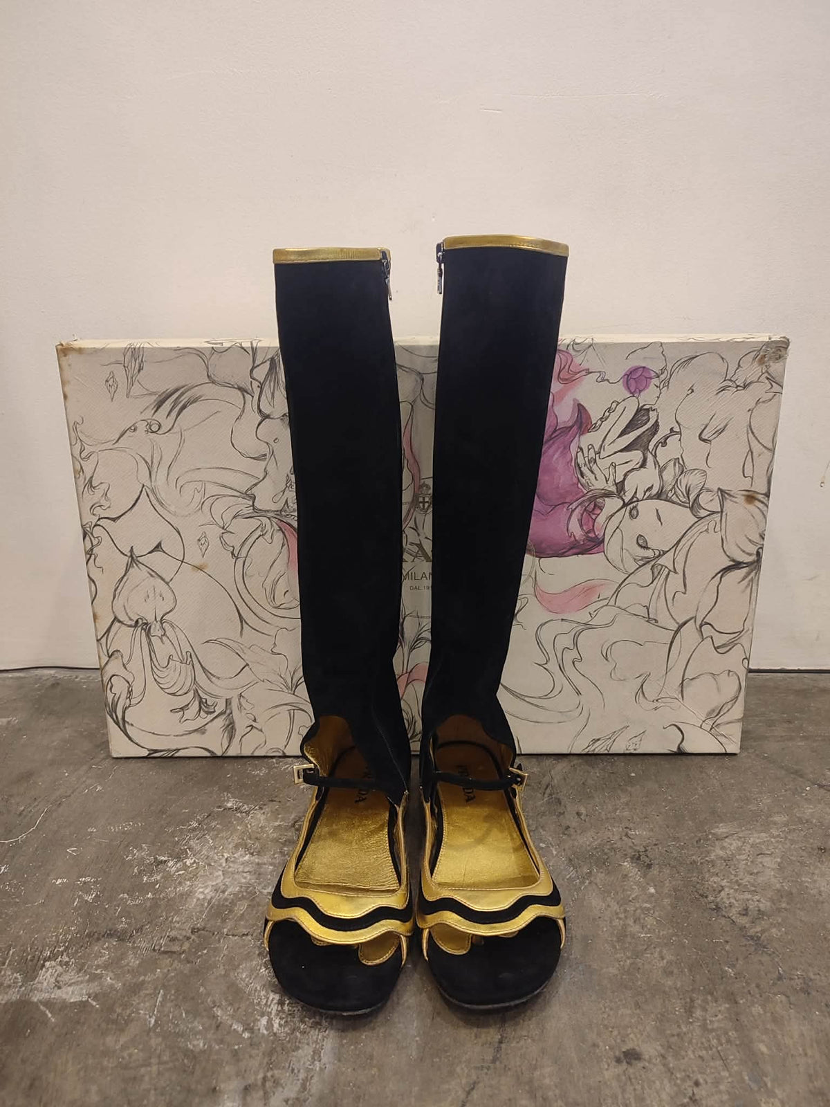 Prada Fairy SS2008 Suede Open-Toe Knee High Boots Black/Gold Size 38