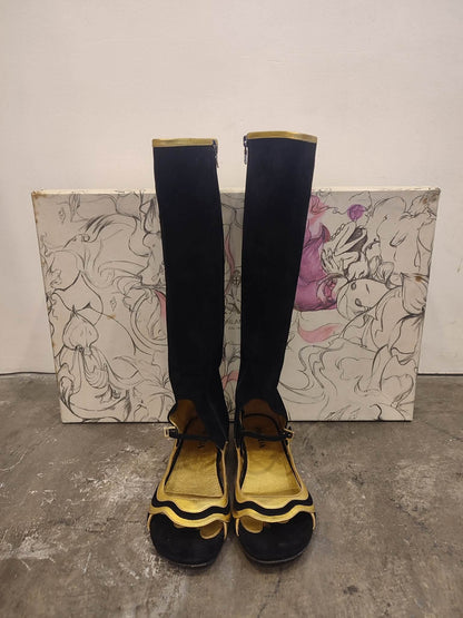 Prada Fairy SS2008 Suede Open-Toe Knee High Boots Black/Gold Size 38