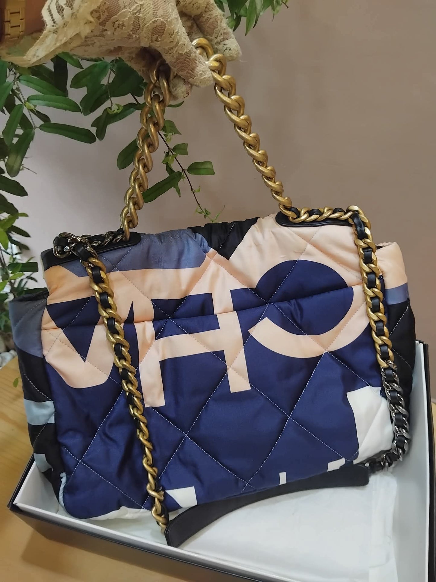 Chanel 19 Printed Silk Blue-Toned Quilted Maxi Flap Bag Series 30