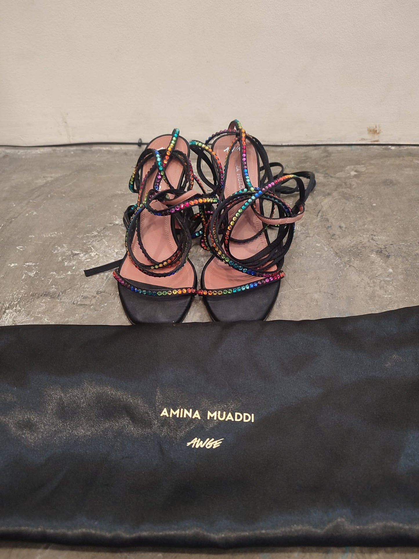 Amina Muaddi x AGWE Rainbow LSD Glasi Heeled Sandals Size 36 Black
