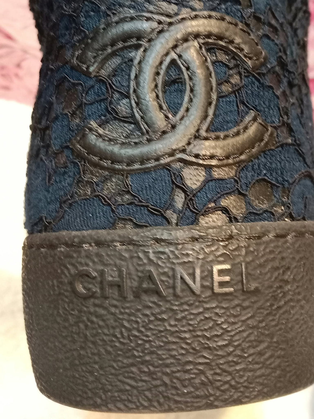 Chanel Navy Blue Floral Lace-Embossed Fabric Hih Top Sneakers Size 37 1/2