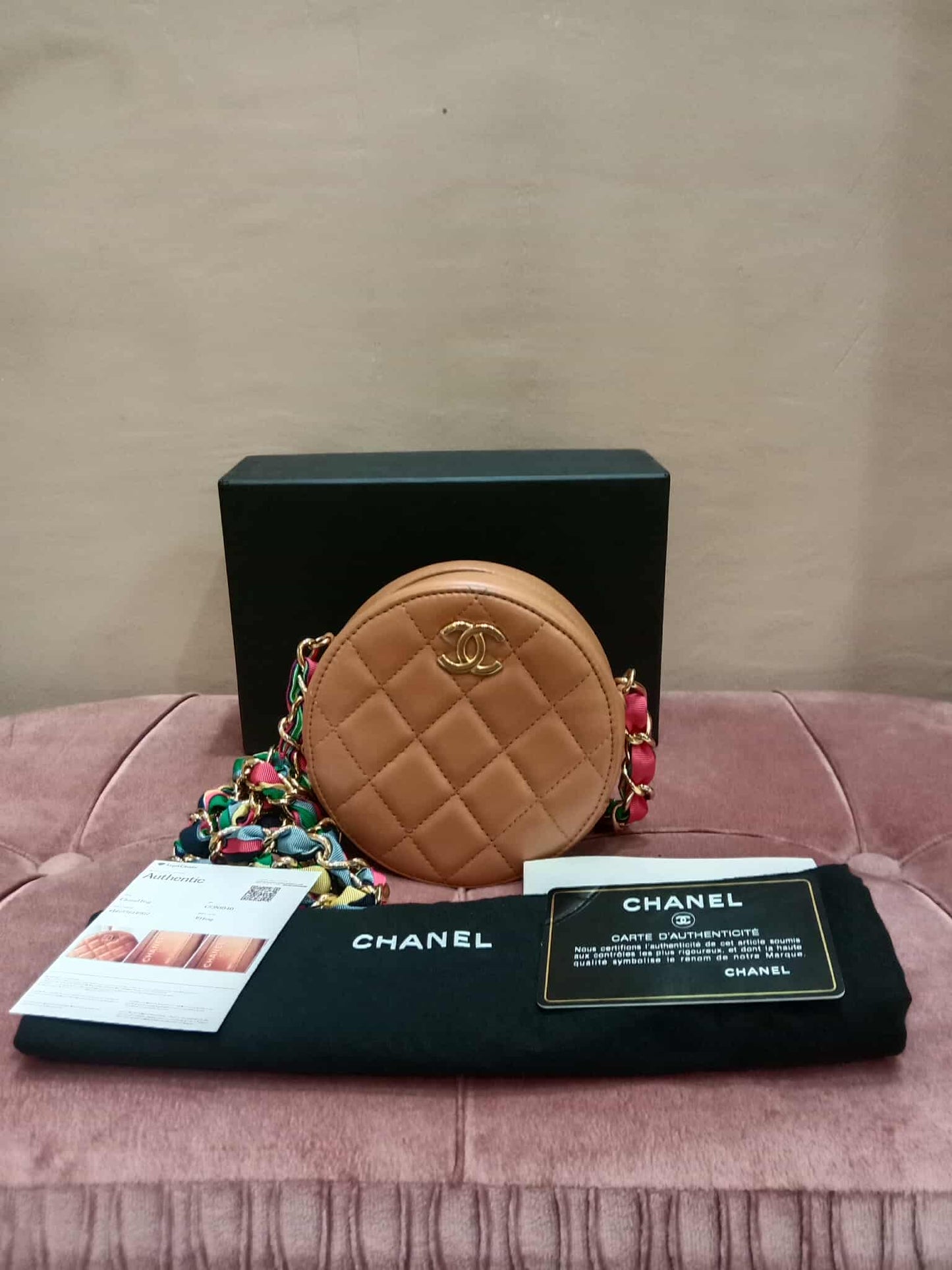 Chanel 21P Round Clutch Lambskin with Multicolor Ribbon-Woven Chain Strap Caramel Series 30