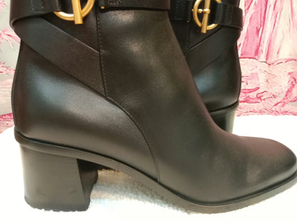 Hermes Jill 60 Ankle Boots Black Calfskin Aged Golden "Glenan" Nautical-Style Buckle Size 38.5