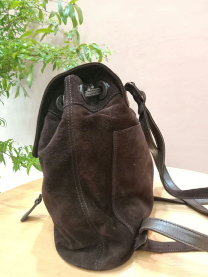 Chanel Vintage Karl Lagerfeld Dark Brown Suede Backpack featuring stitched CC Logo Flap Series 5