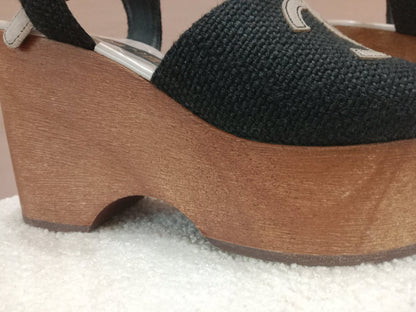 Chanel Wedge Sandals Black Canvas Embroidered Interlocking CC Logo Size 36