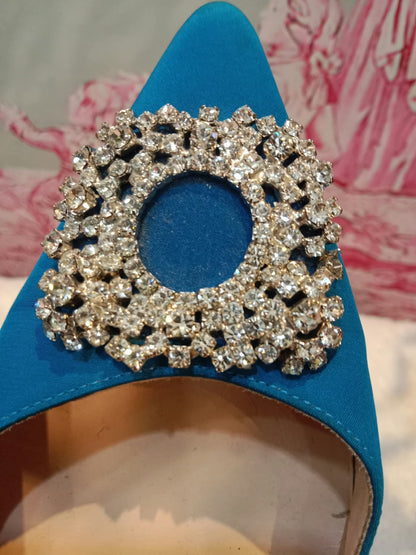 Manolo Blahnik Blue Satin Jewel Buckle Flat Pumps Size 37