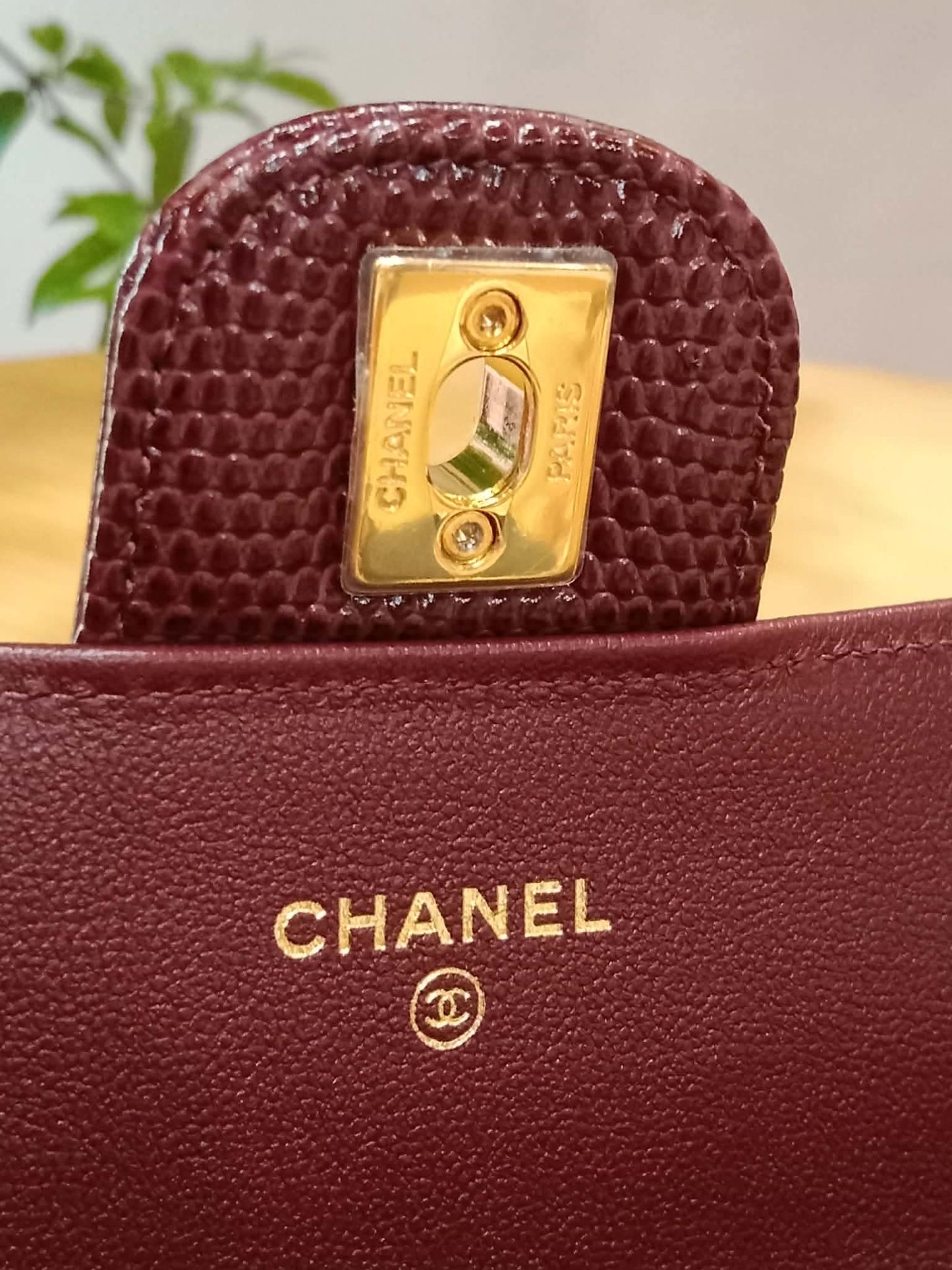 Chanel Tophandle Lizard Embossed Calfskin Clutch Dar Burgundy Microchipped