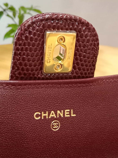 Chanel Tophandle Lizard Embossed Calfskin Clutch Dar Burgundy Microchipped