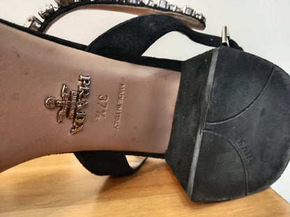 Prada Black Satin Crystal-Embellished Sandals Size 37