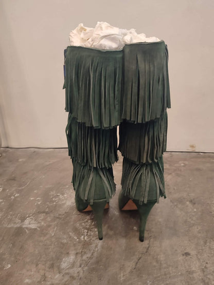 Balmain Fringe Green Suede Boots Size 35