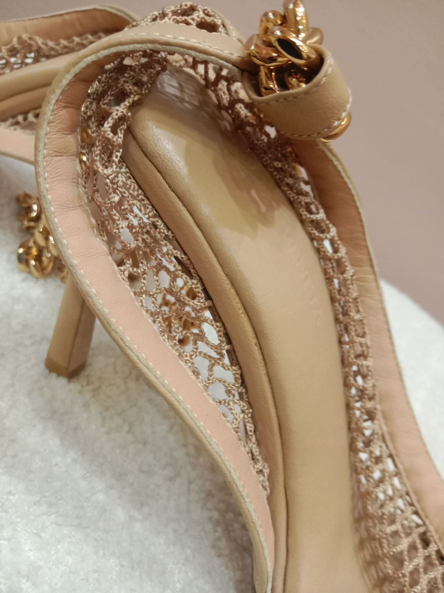 Bottega Veneta Mesh Nappa Chunky Chain Sandals Beige Size 36