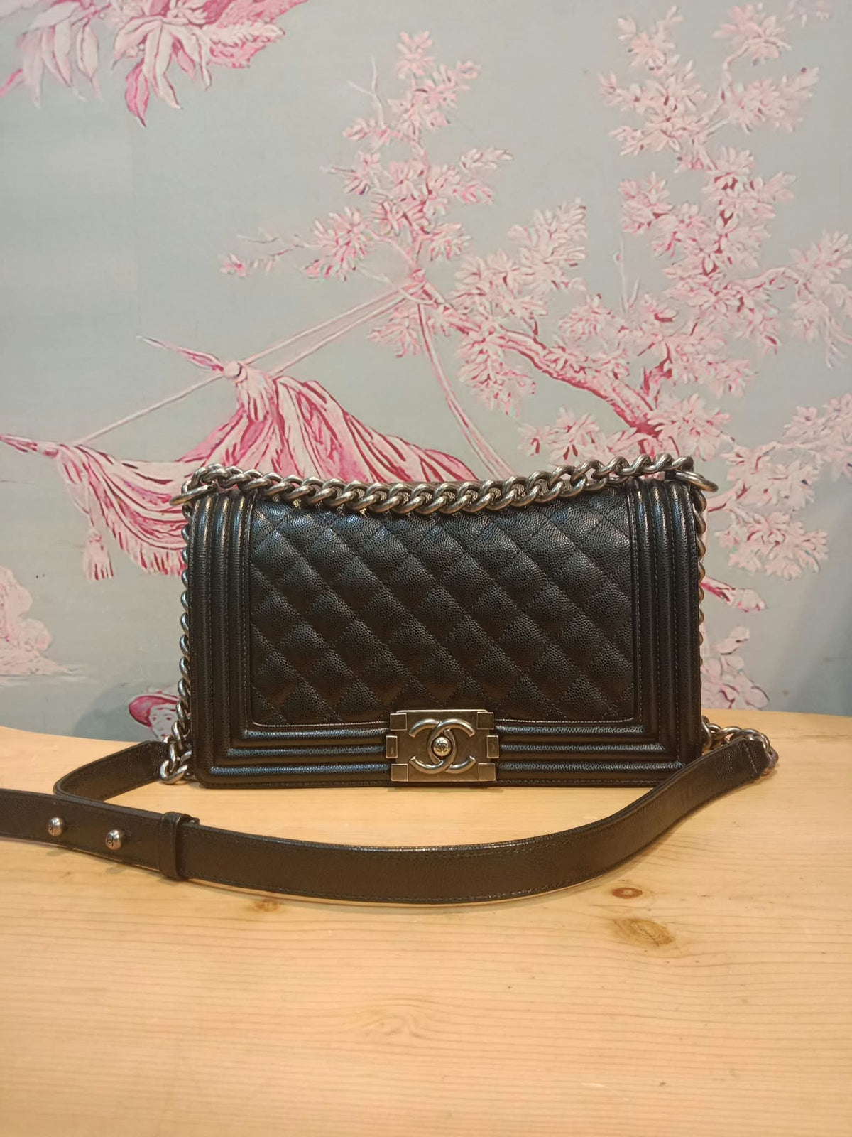 Chanel Boy Flap Black Caviar Old Medium Series 28
