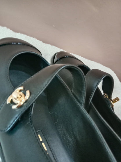 Chanel Mary Jane CC Clasp Flats Black Size 36.5