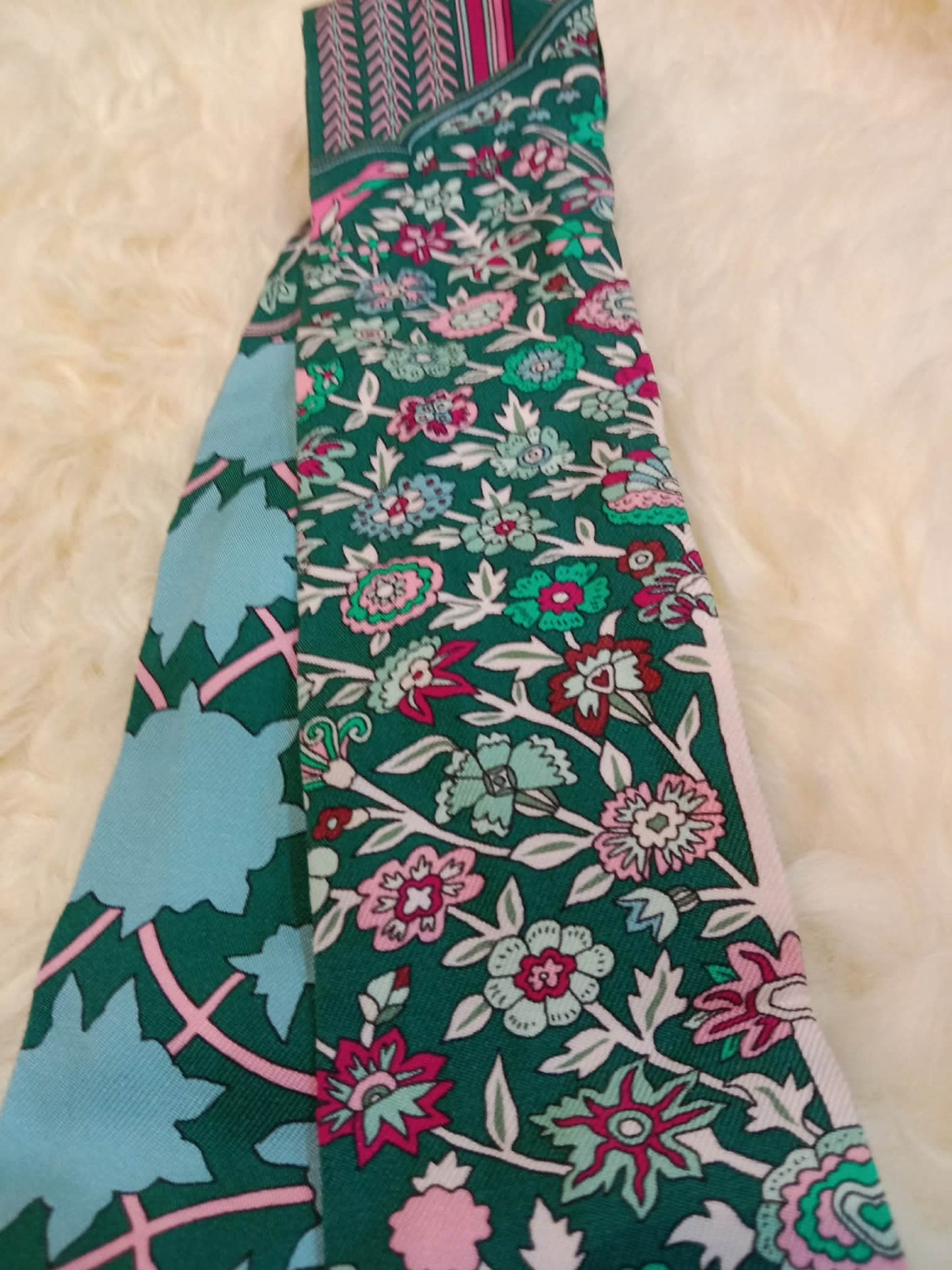 Hermes Tapis Persans Silk Twilly Scarf Featuring an Intricate Floral Pattern in Teal Green/Blue/Pink