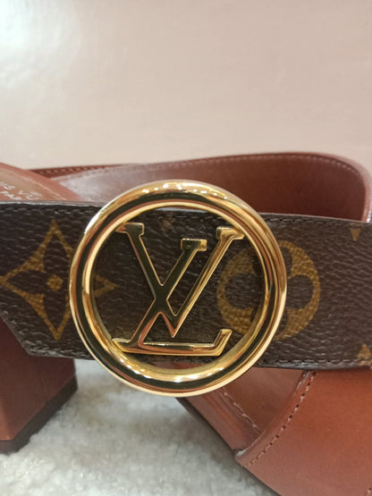 Louis Vuitton Horizon Block Heels Slide Sandals Monogram Leather Brown Size 36