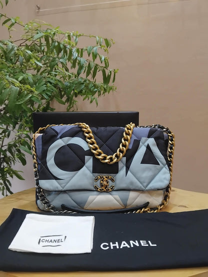 Chanel 19 Printed Silk Blue-Toned Quilted Maxi Flap Bag Series 30