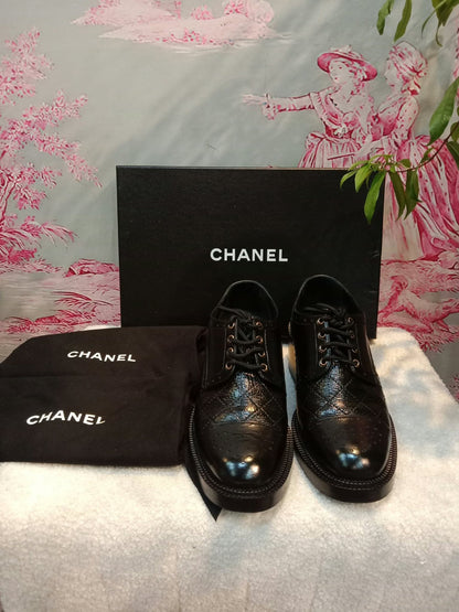 Chanel Quilted Leather Lace-up Oxfords Stacked Heels Black Size 39