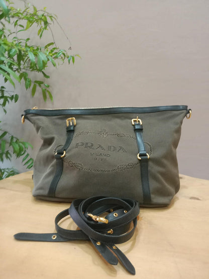 Prada Logo Jacquard Tote Corda Bruciato