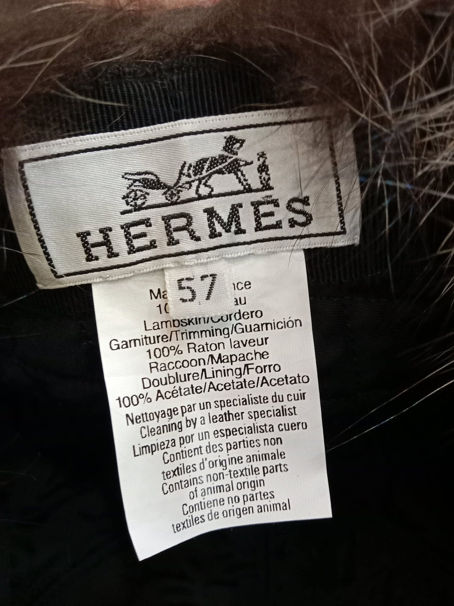 Hermes Black Quilted Leather Raccoon Winter Hat