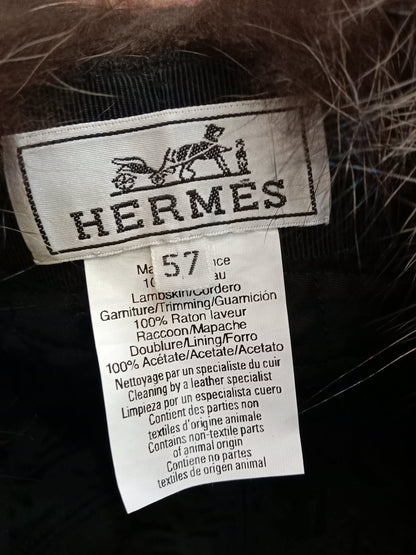 Hermes Black Quilted Leather Raccoon Winter Hat