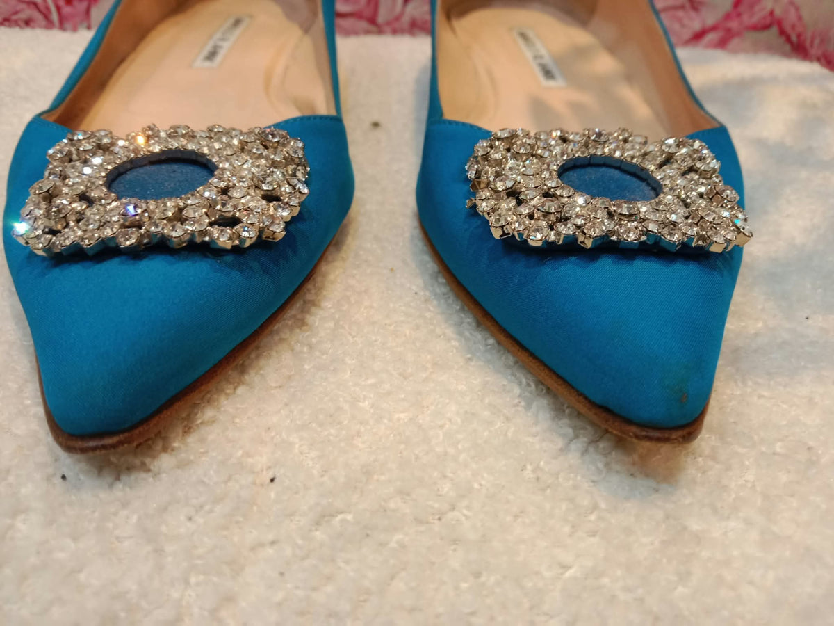 Manolo Blahnik Blue Satin Jewel Buckle Flat Pumps Size 37