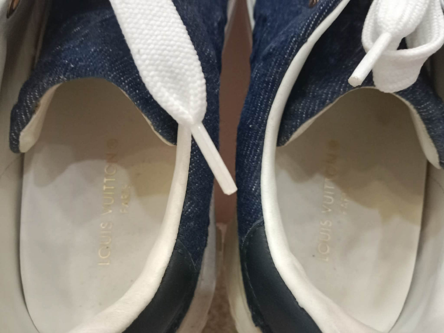 Louis Vuitton Time Out Sneakers Dark Blue Denim Monogram Embossed Pattern Size 37.5