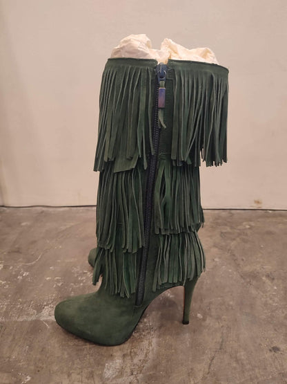 Balmain Fringe Green Suede Boots Size 35