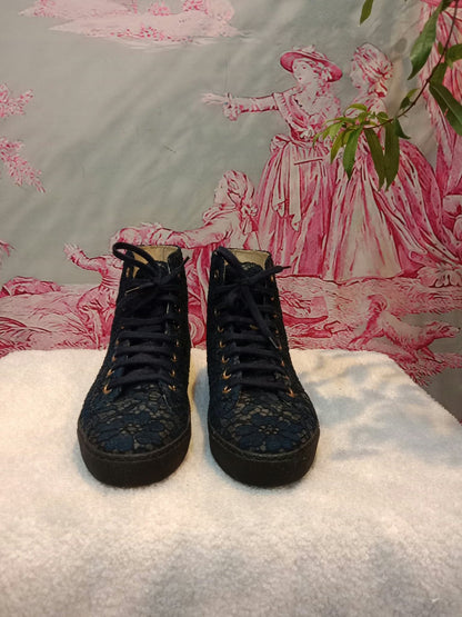 Chanel Navy Blue Floral Lace-Embossed Fabric Hih Top Sneakers Size 37 1/2