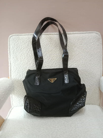 Prada Vintage Tessuto Tote Nylon/Crocodile Embossed Leather Bag
