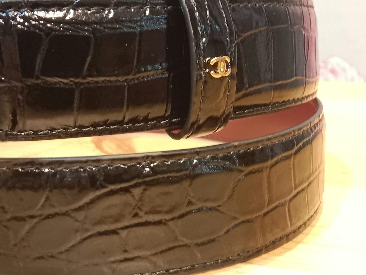 Chanel Crocodile Embossed Calfskin & Metal Belt Black Brandnew