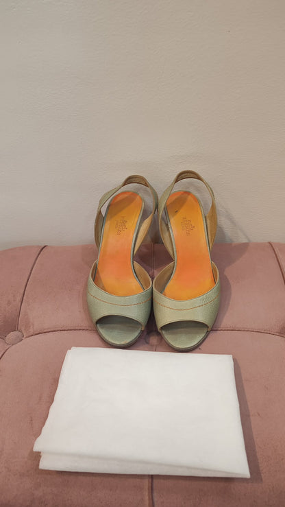 Hermes Peep Toe Slingback Heels Teal Size 36